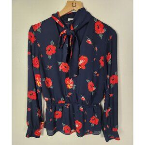 BABATON Women's Sz. S Navy Floral Long Sleeve Chiffon Blouse